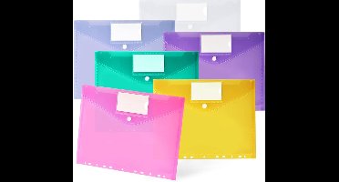 office Documententas A4 30 stuks, documentenmap A4 transparant, verzamelmappen met 11 gatenrand en etikettenvak, A4 zichtvak, documenten voor het organiseren van documenten (6 kleuren)