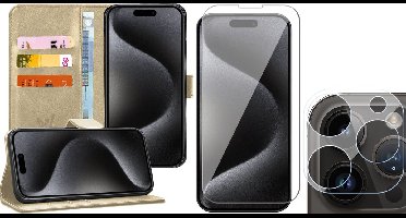 Hoesje geschikt voor iPhone 15 Pro - Screenprotector GlassGuard & Camera Lens Screen Protector - Book Case Kunstleer Pasjeshouder Goud