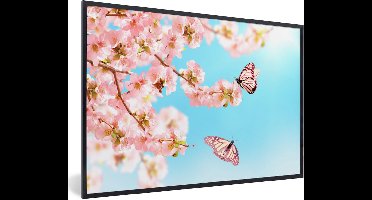 PosterMonkey - Poster - Vlinder - Bloemen - Bloesem takken - Natuur - Roze - Insecten - Fotolijst - Kader - Foto in lijst - 30x20 cm - Poster frame - Poster dieren - Muurdecoratie dieren