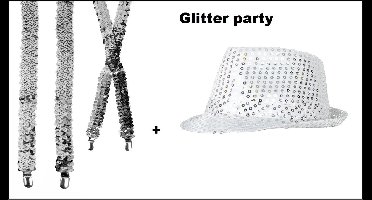 1x Bretel pailletten zilver + 1x Festival hoed glitter paillet zilver - Glitter and glamour party festival themafeest gala thema feest evenement