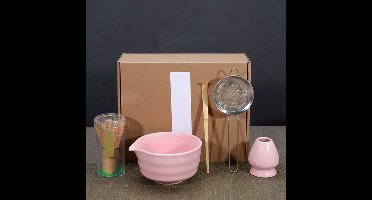 Matcha-klopperset - 5-delige Matcha-set - Inclusief Kom, Klopper, Bamboelepel, Lepelhouder En Zeef - Geschikt Voor Liefhebbers - Roze