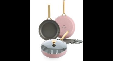 BK Sublime Koekenpannenset 4-delig - 24/28cm - PFAS-vrije antikleeflaag - Pannenset inductie - Keramische pan - Ovenbestendig tot 220°C - Gouden stainless steel handgreep - Met pannenbeschermers - Blush Pink