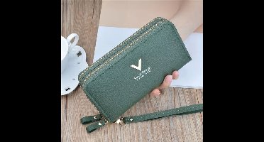 Damesportemonnee met dubbele rits, kaarthouder met grote capaciteit, clutch met polsbandje en telefoonvak, modieuze lange portemonnee voor dames, Groen