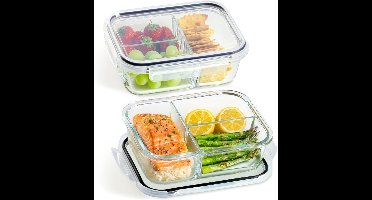 Core® Meal Prep Bakjes Glas - vershoudbakjes glas - mealprep bakjes Glas - Set van 2 Glazen Maaltijdbereidingsdozen 1l - Geschikt voor vriezer en magnetron - Transparant - 20cm x 15cm x 7cm