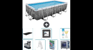 Bestway Rechthoekig Power Steel Zwembad - Rattanprint - 549 x 274 x 122 - Inclusief Pomp - Ladder - Afdekzeil - Vloertegels - Warmtepomp - 8-delig