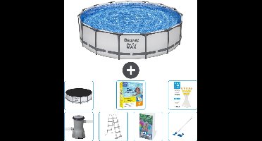 Bestway Rond Steel Pro MAX Zwembad - 457 x 107 cm - Grijs - Inclusief Pomp - Ladder - Afdekzeil - Onderhoudspakket - Stofzuiger - 8-delig
