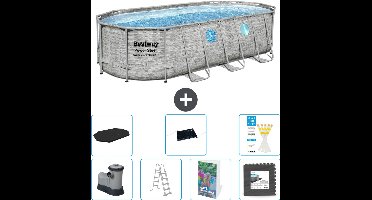 Bestway Ovaal Power Steel Swim Vista Zwembad - Steenprint - 549 x 274 x 122 - Inclusief Pomp - Ladder - Afdekzeil - Solar Mat - Vloertegels - 8-delig