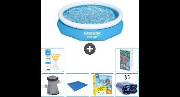 Bestway Rond Opblaasbaar Fast Set Zwembad - 305 x 66 cm - Blauw - Inclusief Pomp Grondzeil - Onderhoudspakket - Solarzeil - 7-delig