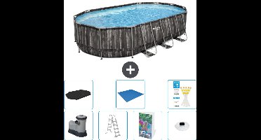 Bestway Ovaal Power Steel Zwembad - 610 x 366 x 122 - Grijs - Inclusief Pomp - Ladder - Afdekzeil - Grondzeil - Verlichting - 8-delig