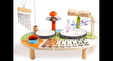 6 in 1 Kinderdrumstel - Houten drumstel - Muziektafel met xylofoon windgong - Baby Montessori percussie-instrumenten speelgoed vanaf 1 jaar, cadeau