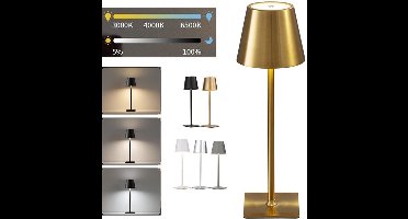 Draadloze tafellamp, draagbare LED-bureaulamp, op batterijen, 3 kleuren traploos dimmend, voor restaurant/slaapkamer/bar/buitenfeest/camping/koffiebar Sfeervol nachtlampje - 38x10cm, goud