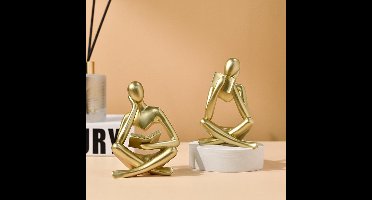 Goudkleurig Abstract Beeldje Van Een Lezer | Modern Minimalistisch Kunstwerk Van Hars, Decoratief Beeldje Voor in Huis, Geschikt Voor De Woonkamer/studeerkamer/boekenplank/bureau, Kunstcadeau Met Filosofische Uitstraling (De Denker En De Lezer)