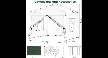 Paviljoen - Tuinpaviljoen - Partytent - Tuintent - Pop-up Kliksysteem - Stabiel - Vouwtent - met Zijwanden - voor 4-6 Personen - Opvouwbaar - Waterdicht - Winterbestendig - 50+UV-Bescherming - voor Tuin - Buiten - Achtertuin - 3 x 3 m - Groen