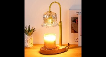 Waxkaarsverwarmer met timer - In hoogte verstelbaar, dimbaar licht, bloemenlampontwerp, vlamloze verwarming, smelt kaarsen, moderne tafellamp voor in huis, geschikt voor woonkamers en slaapkamers (Amberkleurig met naturel houten voet)