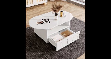 Salontafel – Woonkamertafel – Koffietafel – Bijzettafel – Salontafeltje – Wolkenvorm – Wit – Hardhout – Lade En Open Plank – Ruimtebesparend – Modern Design