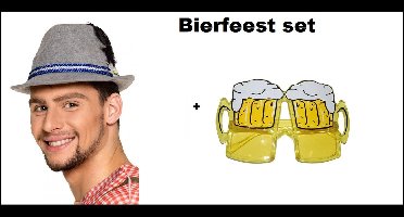 1x Luxe Tirolerhoed grijs jagershoedje + 1x bierbril - Tiroler festival set - Tirol bierfeest Oktoberfest bier feest apres ski thema feest biertje bier festival