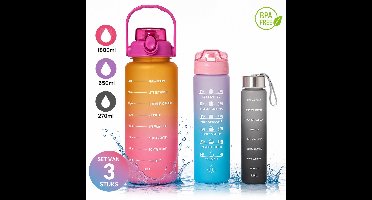3 Sportflessen Set – 270 ml, 650 ml & 1800 ml – Duotone Drinkflessen met Motiverende Tekst – Lichtgewicht Waterflessen voor Sport, School & Onderweg