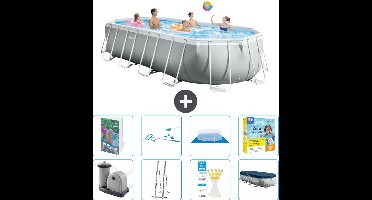 Intex Ovaal Prism Frame Zwembad - 610 x 305 x 122 cm - Grijs - Inclusief Pomp - Ladder - Grondzeil - Afdekzeil - Schoonmaakset - Onderhoudspakket - 9-delig