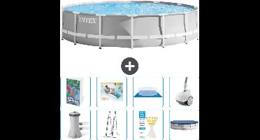 Intex Rond Prism Frame Zwembad - 427 x 107 cm - Grijs - Inclusief Pomp - Ladder - Grondzeil - Afdekzeil - Loungebed - Stofzuiger - 9-delig