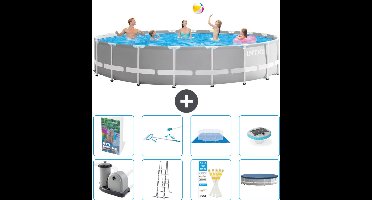 Intex Rond Prism Frame Zwembad - 610 x 132 cm - Grijs - Inclusief Pomp - Ladder - Grondzeil - Afdekzeil - Schoonmaakset - Verlichting - 9-delig