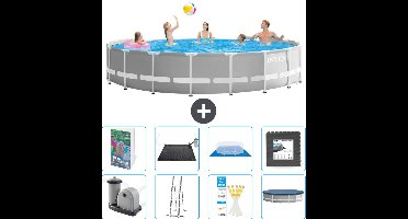 Intex Rond Prism Frame Zwembad - 548 x 122 cm - Grijs - Inclusief Pomp - Ladder - Grondzeil - Afdekzeil - Solar Mat - Vloertegels - 9-delig