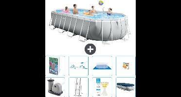 Intex Ovaal Prism Frame Zwembad - 610 x 305 x 122 cm - Grijs - Inclusief Pomp - Ladder - Grondzeil - Afdekzeil - Schoonmaakset - Speelgoed - 9-delig