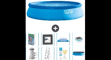 Intex Rond Opblaasbaar Easy Set Zwembad - 457 x 107 cm - Blauw - Inclusief Pomp - Ladder - Grondzeil - Afdekzeil - Vloertegels - Verlichting - 9-delig