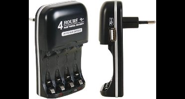 Velleman Snelle oplader, geschikt voor NiMH AA- en AAA-batterijen, met USB-uitgang, microprocessorbesturing, LED-indicator tijdens het opladen