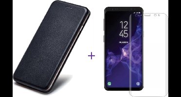 Hoesje geschikt voor Samsung Galaxy S9 Plus - Kunstlederen Wallet Hoesje Zwart met Siliconen Houder - Portemonee Hoesje + Glas PET Folie Screen Protector Transparant 0.2mm