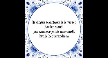 Tegeltje met Spreuk (Tegeltjeswijsheid): De dingen waartegen je je verzet, houden stand; pas wanneer je iets aanvaardt, kun je het veranderen + Kado verpakking & Plakhanger