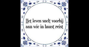 Tegeltje met Spreuk (Tegeltjeswijsheid): Het leven snelt voorbij aan wie in haast reist + Kado verpakking & Plakhanger