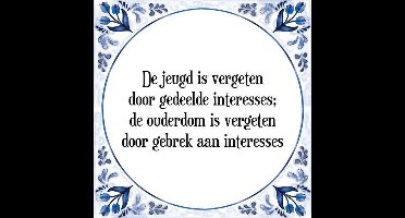 Tegeltje met Spreuk (Tegeltjeswijsheid): De jeugd is vergeten door gedeelde interesses; de ouderdom is vergeten door gebrek aan interesses + Kado verpakking & Plakhanger