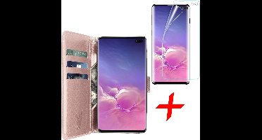 Hoesje geschikt voor Samsung Galaxy S10 Plus - Screen Protector FlexGuard - Book Case Kunstleer Pasjeshouder Rosegoud & Screenprotector
