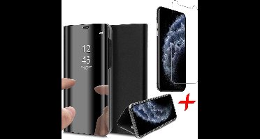 Hoesje geschikt voor iPhone 11 Pro Max - Screen Protector GlassGuard - Book Case Spiegel Zwart & Screenprotector