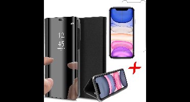 Hoesje geschikt voor iPhone 11 - spiegel book case cover zwart + Screenprotector glas tempered glass screen protector