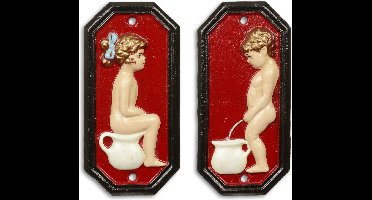 Maddeco - Gietijzer - toilet - bordjes - jongen - meisje - set - toiletbordjes - rood