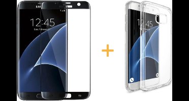 Hoesje geschikt voor Samsung Galaxy S7 Edge - Siliconen Transparant TPU Gel Case Cover + Met Tempered Glass Screenprotector Zwart / Black 3D 9H (Gehard Glas) - 360 graden protectie