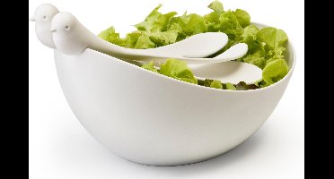 Qualy - Slabak Met Vogeltjes Bestek - Sparrow Salad Bowl & cutlery - Wit