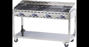 HENDI Verrijdbare barbecue met 4 branders – lichtgrijs – 22kW – 1400x612x x(H)825mm – inclusief bakplaten en grillroosters