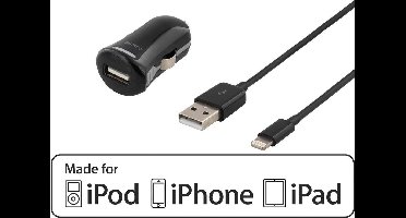 DELTACO USB-CAR203 Autolader Lightning aansluiting, MFi, 1m kabel, zwart