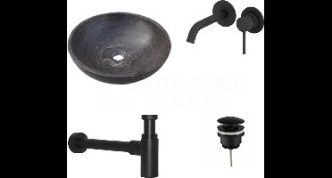 NATUURSTENEN WASKOMSET ROND MAT ZWART INPBOUWKRAAN 38X38X12 CM