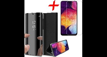 Hoesje geschikt voor Samsung Galaxy A50 - Screen Protector GlassGuard - Book Case Spiegel Zwart & Screenprotector