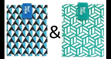 Boc’n’Roll Tiles Blauw - Groen - Herbruikbaar Boterhamzakje en Snackverpakking - Sluiting met klittenband - BPA-vrij - Waterdichte binnenlaag - Wasbaar tot 60°C