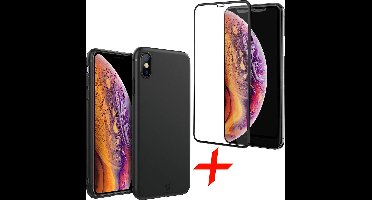 Zwart Hoesje geschikt voor Apple iPhone Xs / X - TPU Gel Siliconen Case + Tempered Glass Screenprotector Full Screen Transparant iCall