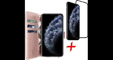 iphone 11 pro max hoesje - iphone 11 pro max case roségoud book cover Kunstleer wallet - hoesje iphone 11 pro max apple - iphone 11 pro max hoesjes cover hoes - 1x iphone 11 pro max screenprotector glas tempered glass screen protector full screen