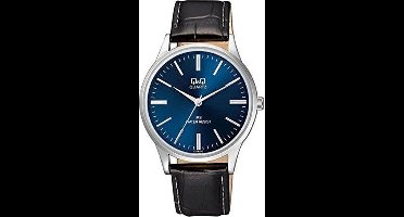 Q&Q C214J312Y - Horloge - Analoog - Mannen - Heren - Leren band - Rond - Metaal - Streepjes - Zwart - Zilverkleurig - DonkerBlauw