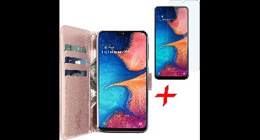 Hoesje geschikt voor Samsung Galaxy A20e - Screen Protector GlassGuard - Book Case Kunstleer Pasjeshouder Rosegoud & Screenprotector