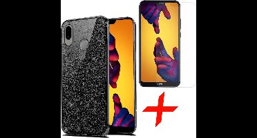 Hoesje geschikt voor Huawei P20 Lite - Glitters Case Zwart + Screenprotector Tempered Glass - BlingBling Cover van iCall