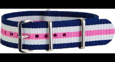 Premium Navy Blue White Pink - Nato strap 18mm - Stripe - Horlogeband Blauw Wit Roze