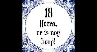Verjaardag Tegeltje met Spreuk (18 jaar: Hoera! Er is nog hoop! 18! + cadeau verpakking & plakhanger